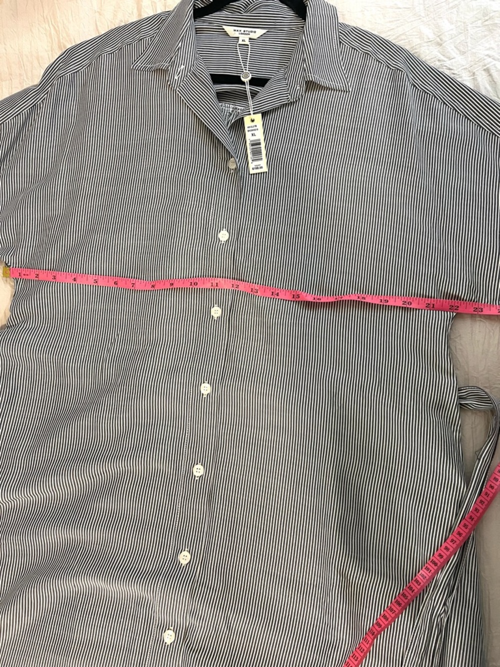 Max Studio Pin Stripe Button Down Shirt Dress Tie Waist Gray White SZ XL NWT - Picture 8 of 9